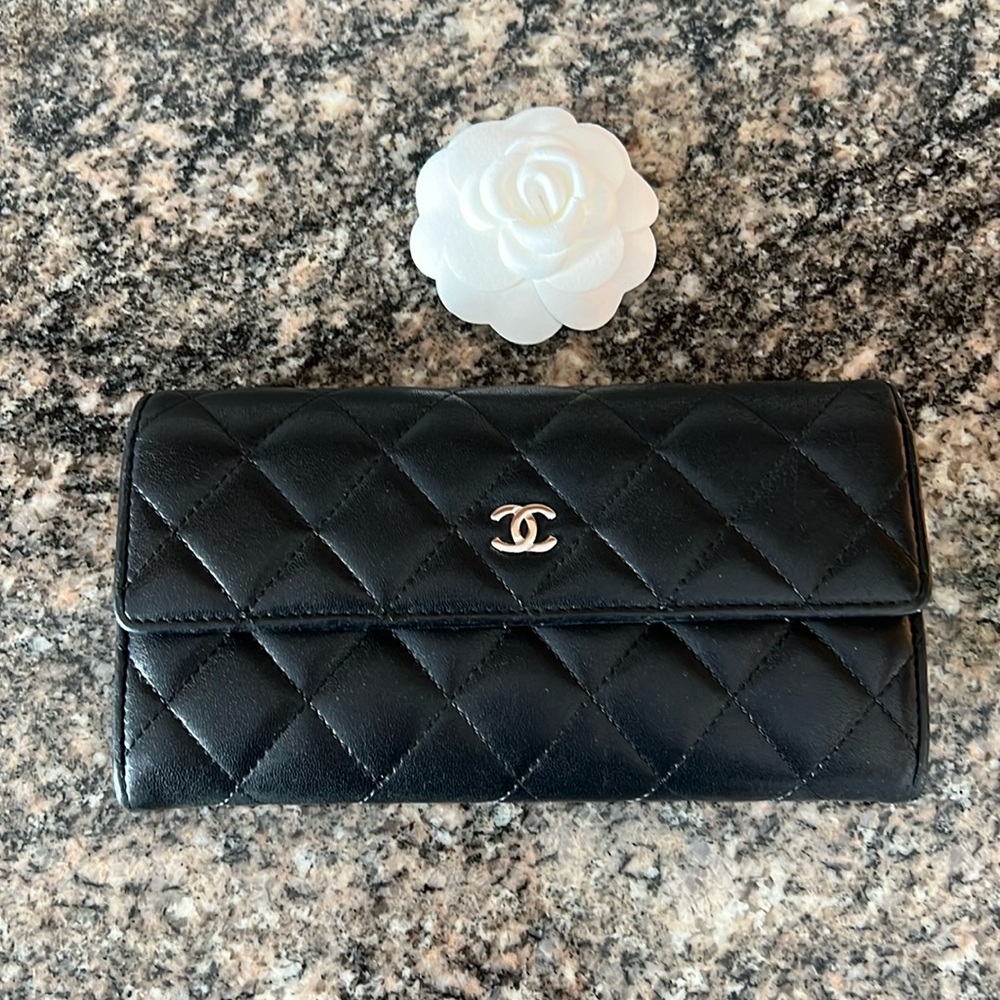 Chanel Black Lambskin Flap Wallet With Silver CC